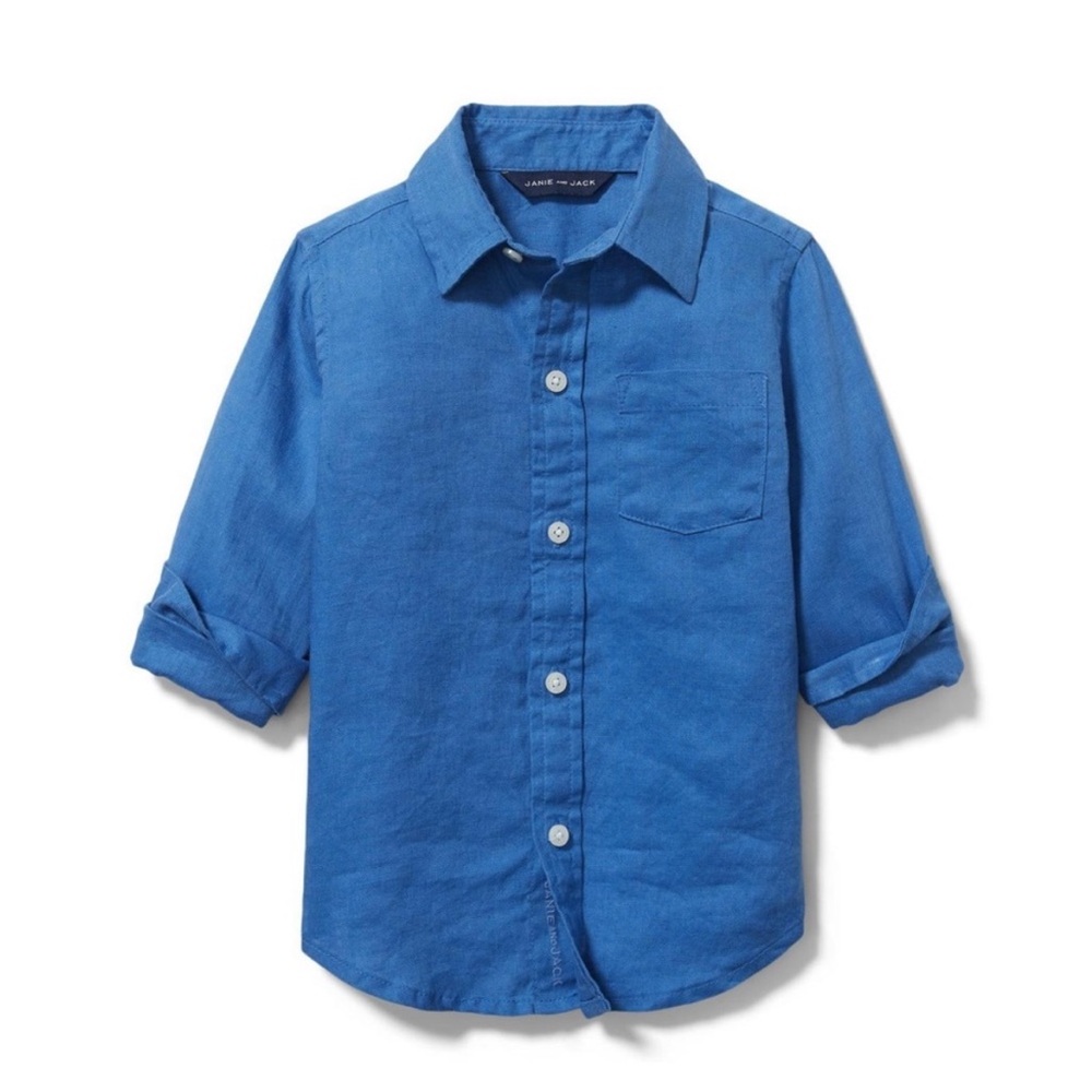 Janie and Jack Blue Linen Roll Cuff Shirt 6-12m